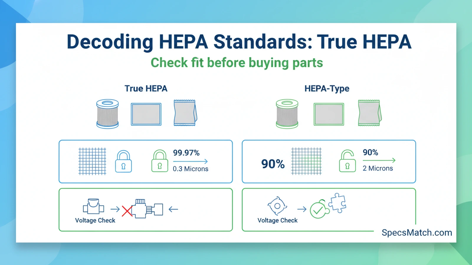 Decoding HEPA Standards: True HEPA vs HEPA-Type spec compatibility guide with part matching visual